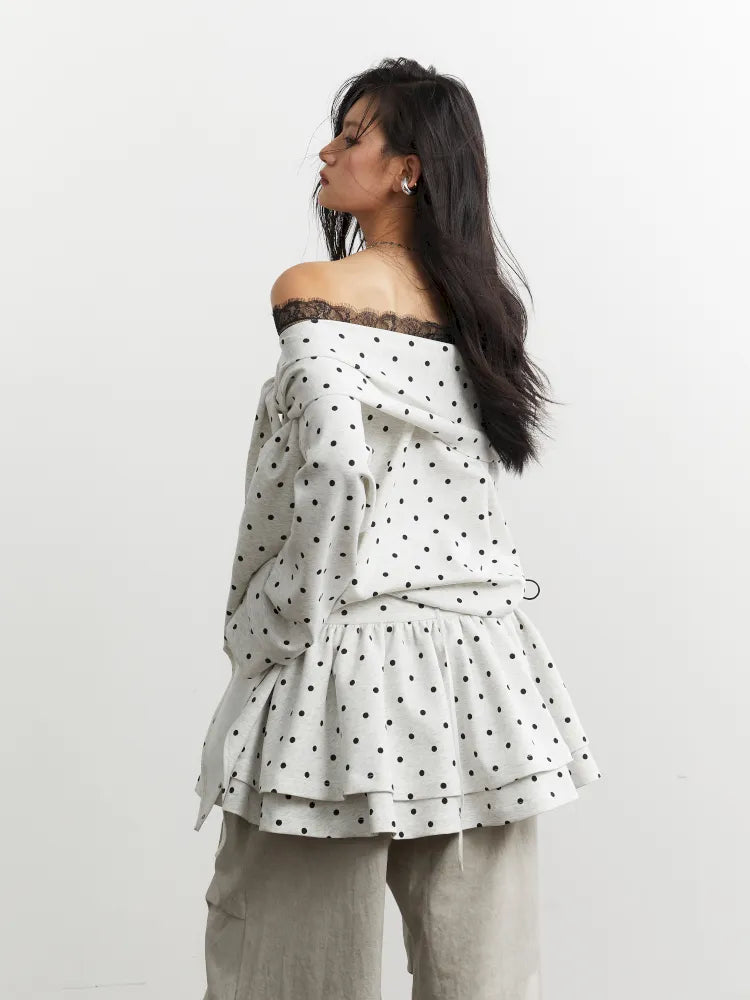 Lace-up off-the-shoulder polka dot sweatshirt【s0000014040】