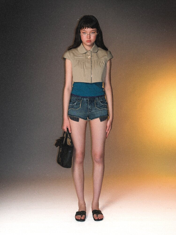 Riveted Plaid Fabric Denim Shorts【s0000017427】