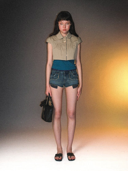 Riveted Plaid Fabric Denim Shorts【s0000017427】
