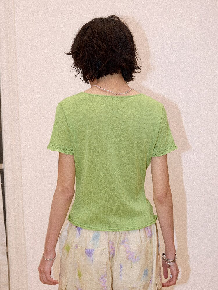 Flower Embroidery Cut Out Knit Tee【s0000016663】
