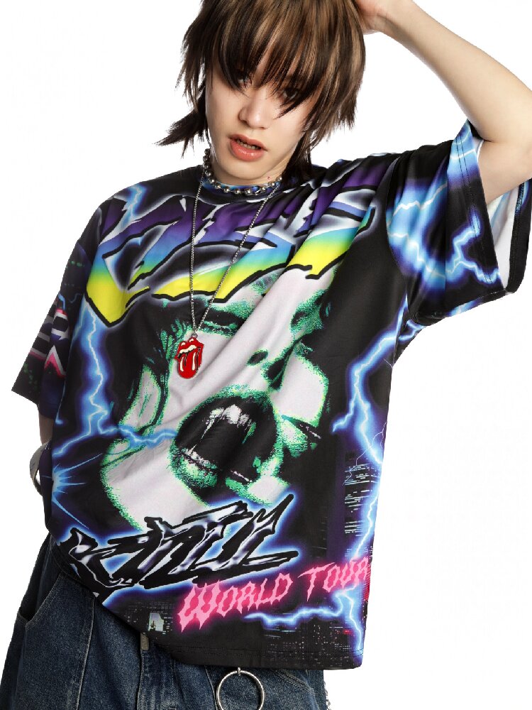 Dark Rock Lightning Print T-shirt【s0000015891】