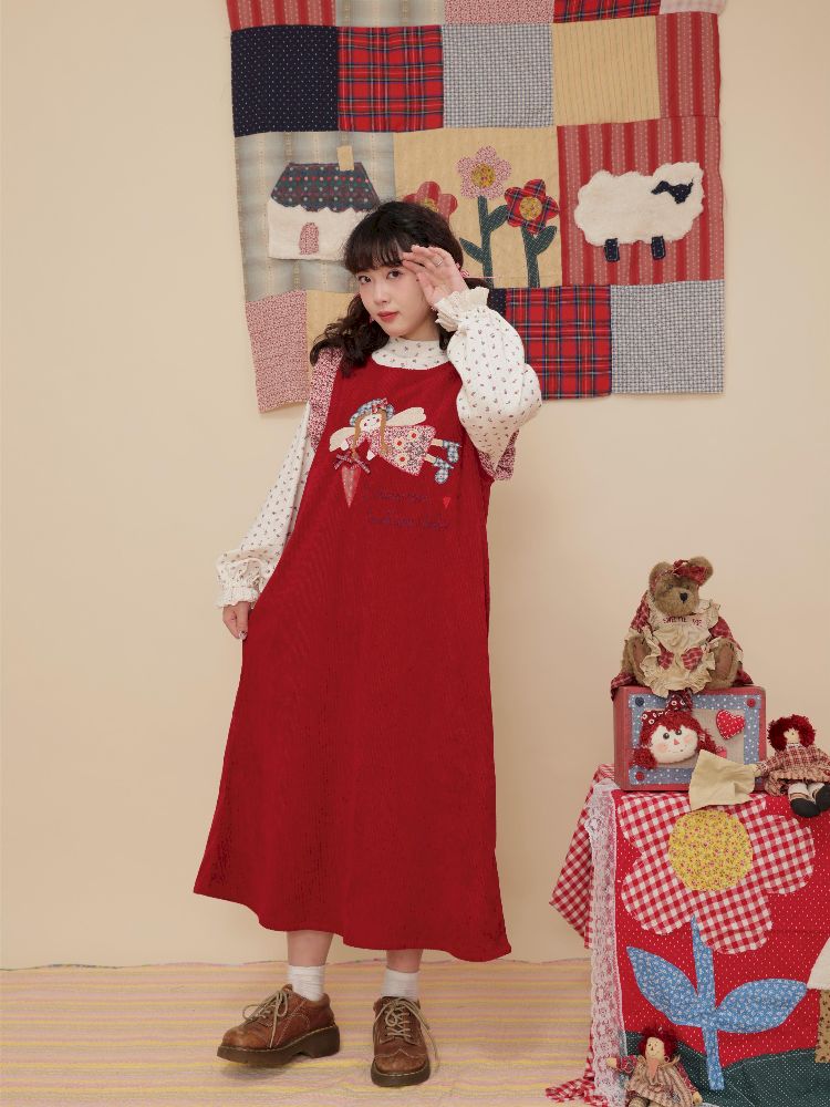 Lace Corduroy Red Vest Dress【s0000010346】