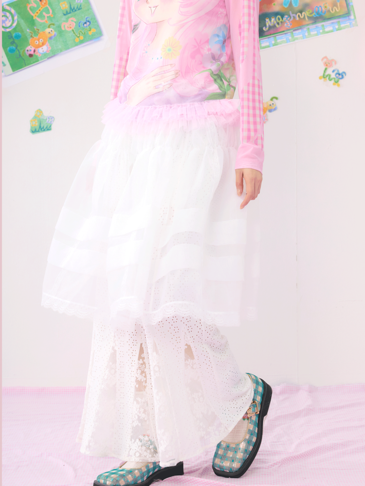 Spliced Lace White Gauze Skirt【s0000009535】