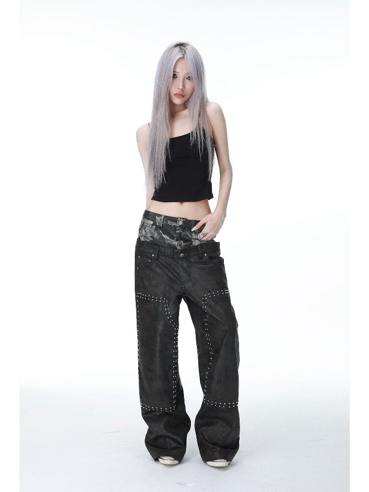 Studded Patchwork Wax Denim Pants【s0000017146】