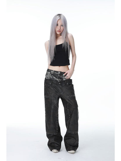 Studded Patchwork Wax Denim Pants【s0000017146】