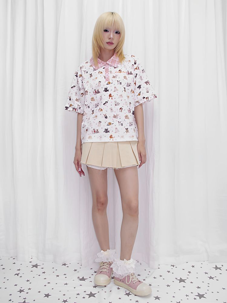 Dog Print Oversize Polo Shirt【s0000013873】