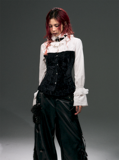 Lace Strappy Flared Velvet Shirt【s0000015014】