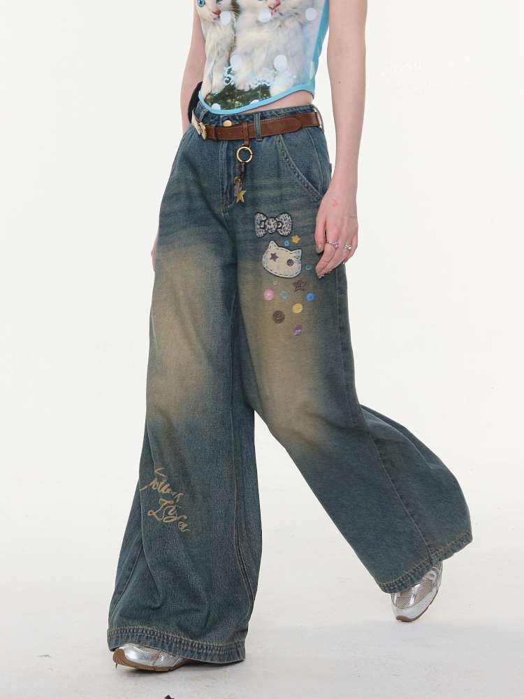 Cat Printed Straight Wide Jeans【s0000015431】