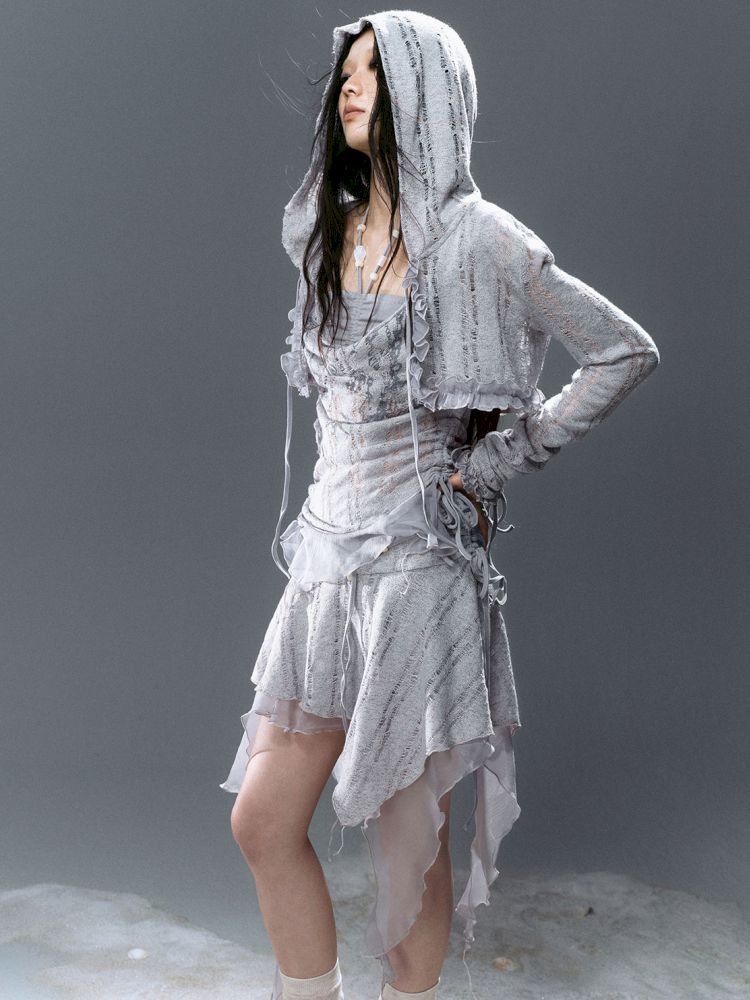 Ruffle Misty Blue Hooded Tunic【s0000012642】