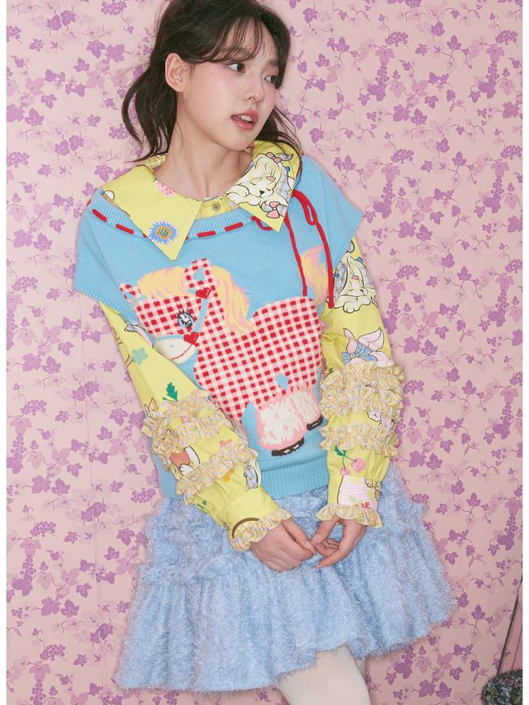 Blue Red Plaid Pony Knit Vest【s0000015023】