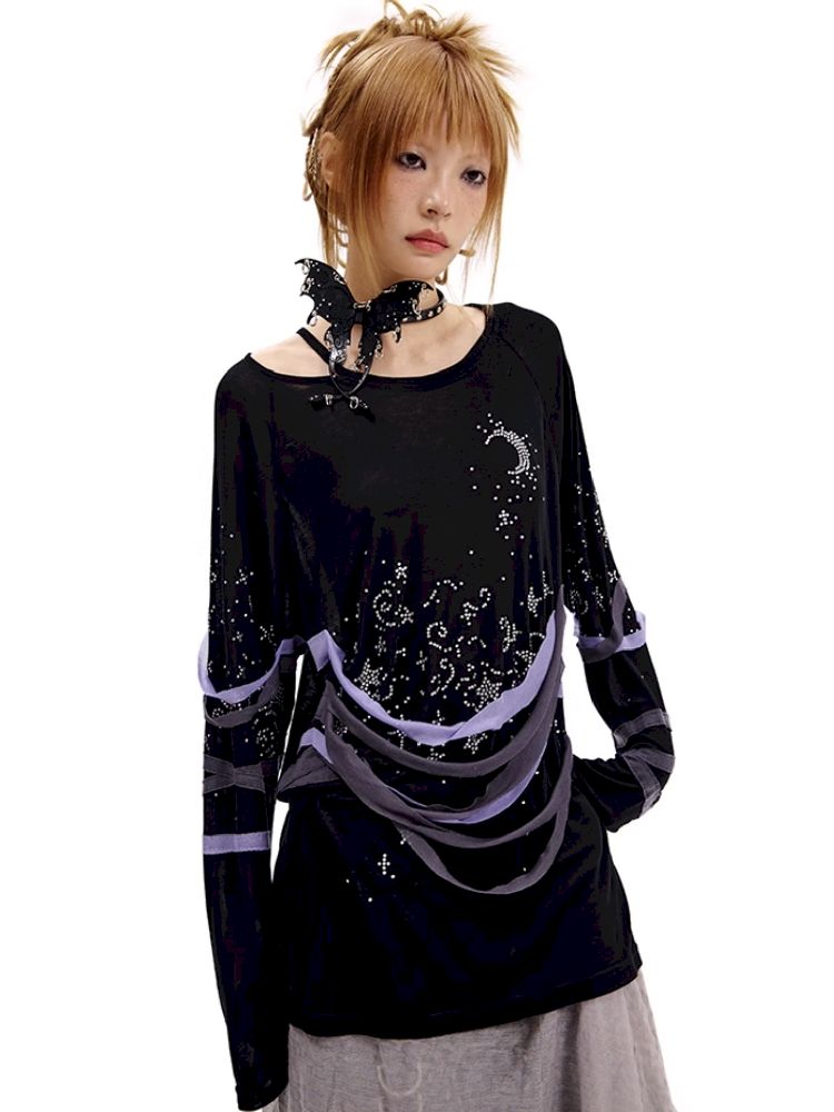 Starry Night Rhinestone Long Sleeve T-Shirt【s0000010505】