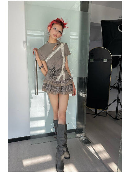 Graffiti Lace Checkered Skirt【s0000018065】