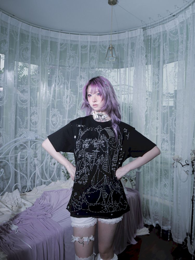 BLACK AND WHITE LOOSE LACE T-SHIRT [S0000009271]