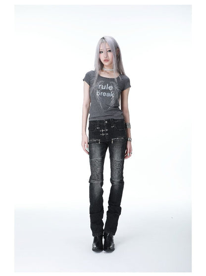 Washed Pleated Punk Denim Pants【s0000017297】