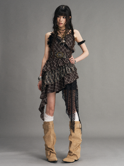 Vintage Patchwork Lace Plaid Dress【s0000017532】