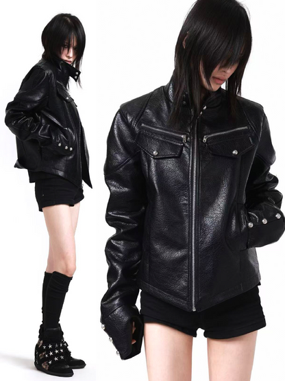 Armor Stand Collar Leather Zip Jacket【s0000018199】