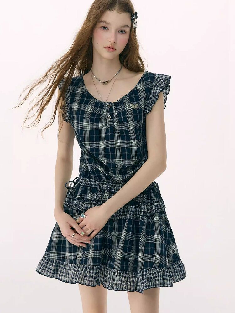 Spliced Plaid Flying Sleeve Dress【s0000016844】