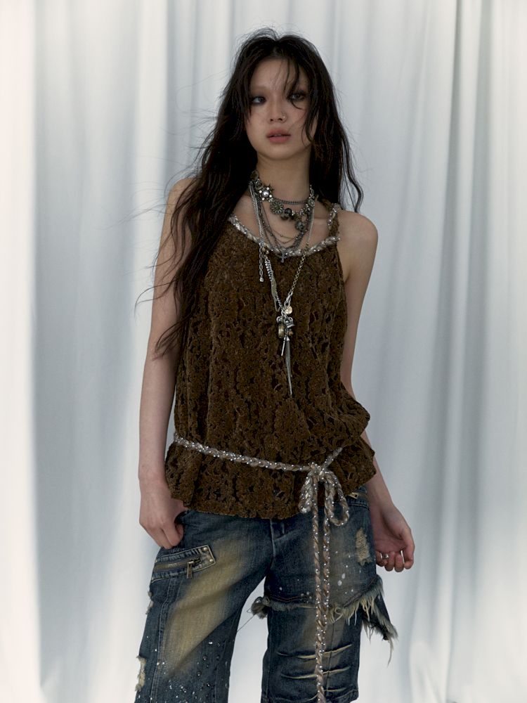 Slouchy Old Hollowed Out Loose Flocked Lace Vest [s0000008134]