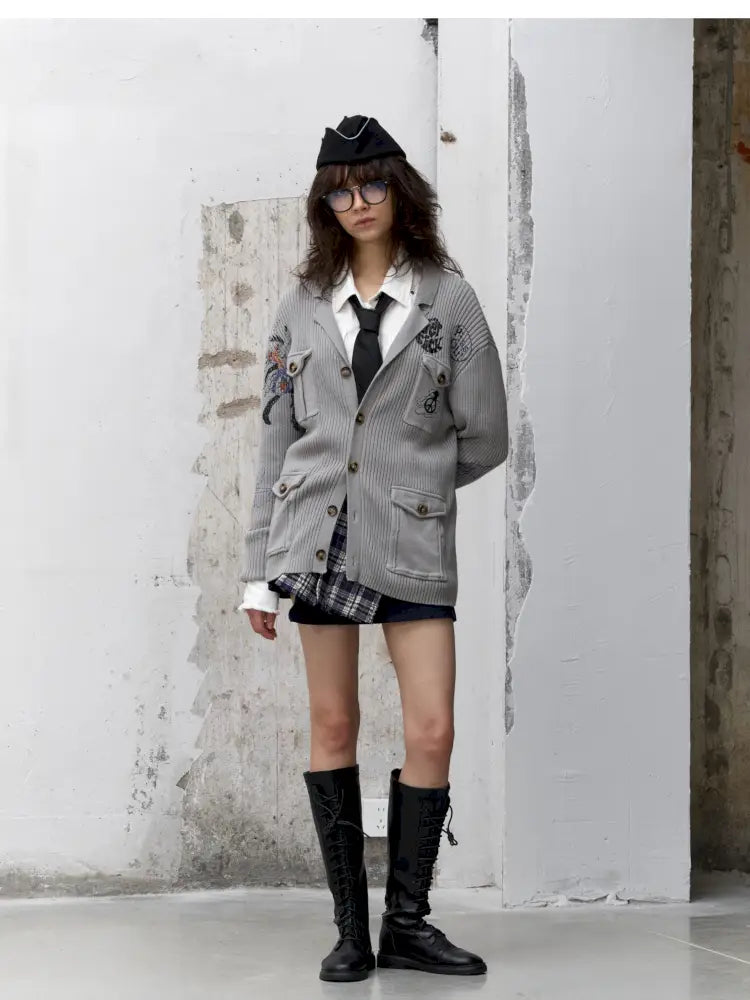 Graffiti-Print Knit Cardigan Sweater【s0000014202】