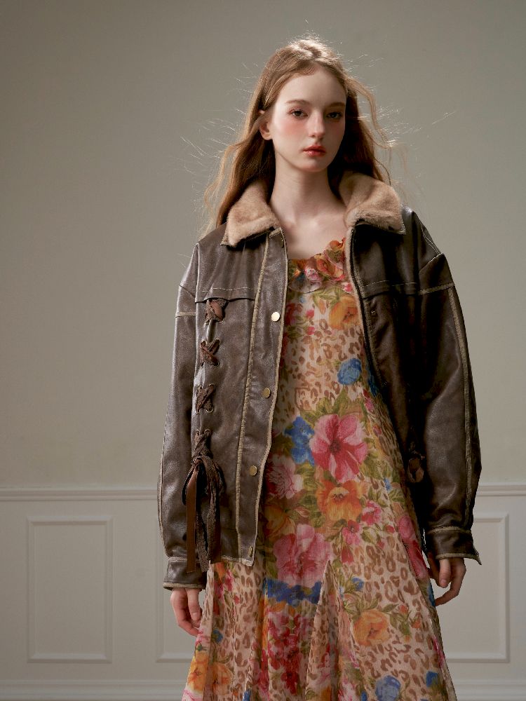 Lace Tie Brown Washed Scrub Color Fur Coat【s0000005321】