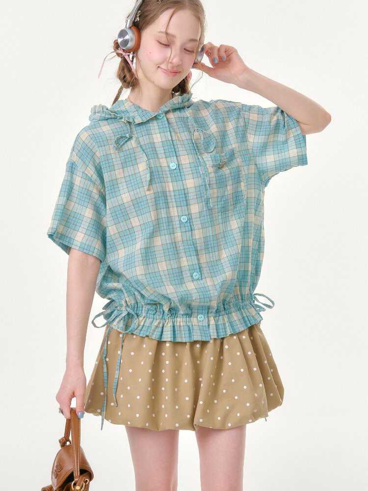 Ruffle Hem Hooded Plaid Shirt【s0000016619】