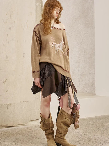 Off-the-shoulder poncho print knit sweater【s0000014063】