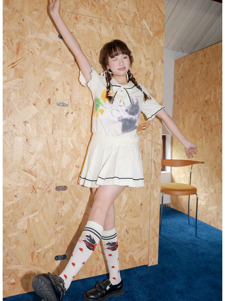 White kitten floral calf socks【s0000013343】