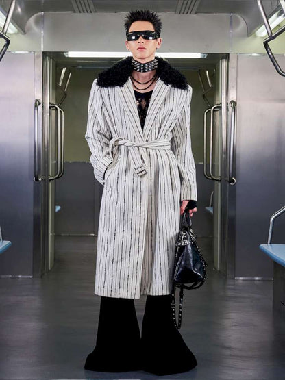 Thorn Stripe Panel Fur Collar Coat【s0000014642】