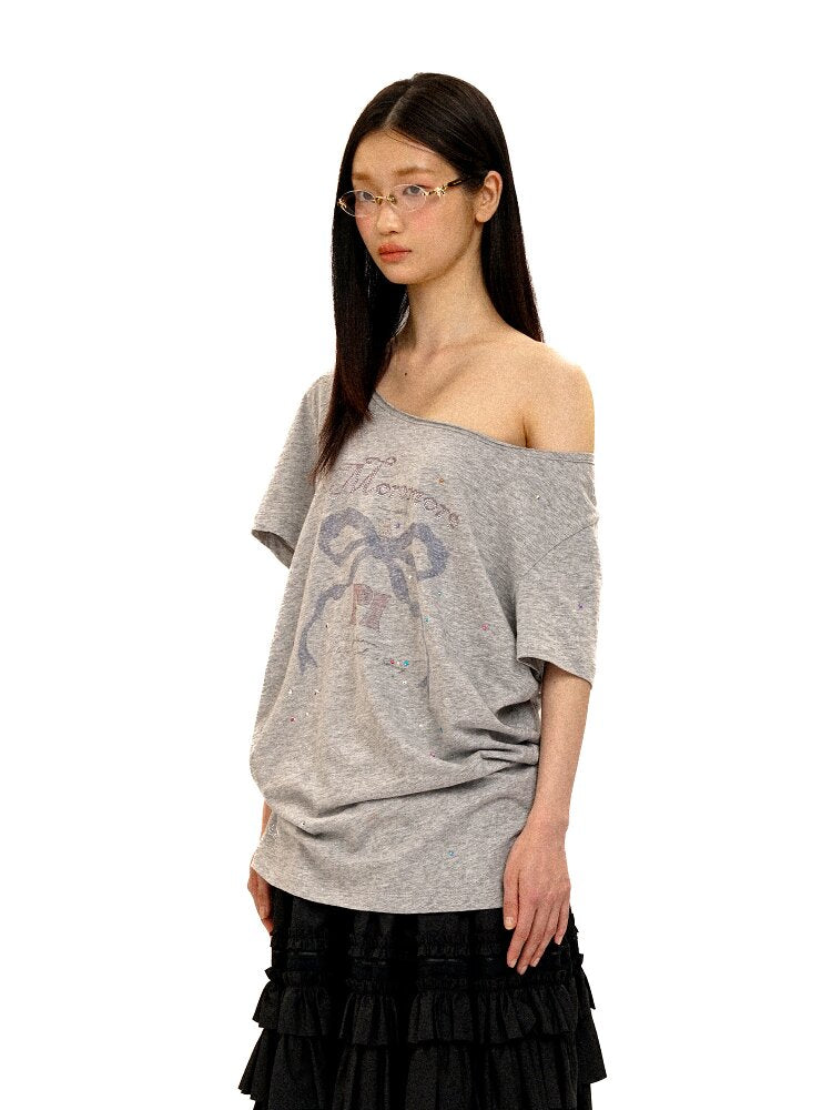 Bow Print Diamond Distressed Tee【s0000016425】
