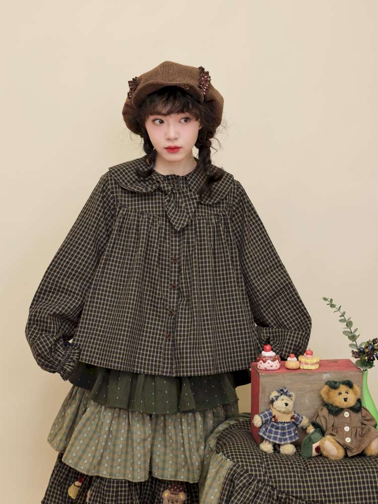 Vintage Girly Dark Green Plaid Shirt【s0000014842】