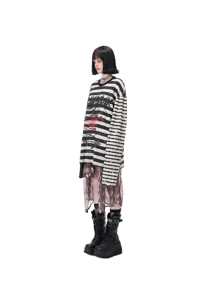 Burnt Flower Stripe Raglan T-Shirt【s0000017729】