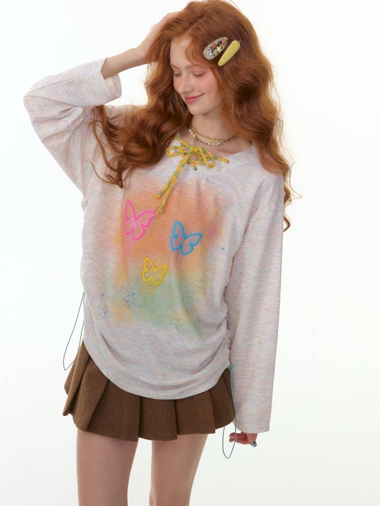 Butterfly Print V-Neck Strap Long Sleeve T-Shirt【s0000014360】