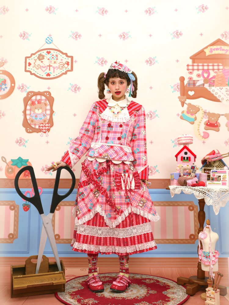 Red Pink Check Lace Skirt Blazer【s0000015574】