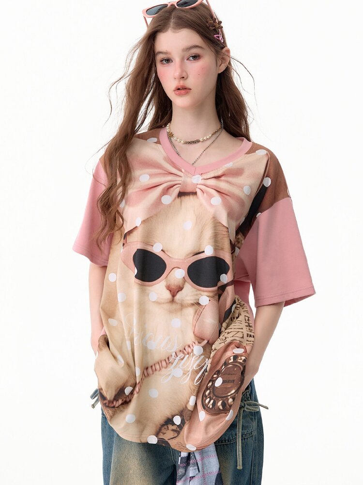 Wave Cat Print Loose Short Sleeve T【s0000017670】