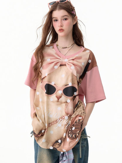 Wave Cat Print Loose Short Sleeve T【s0000017670】