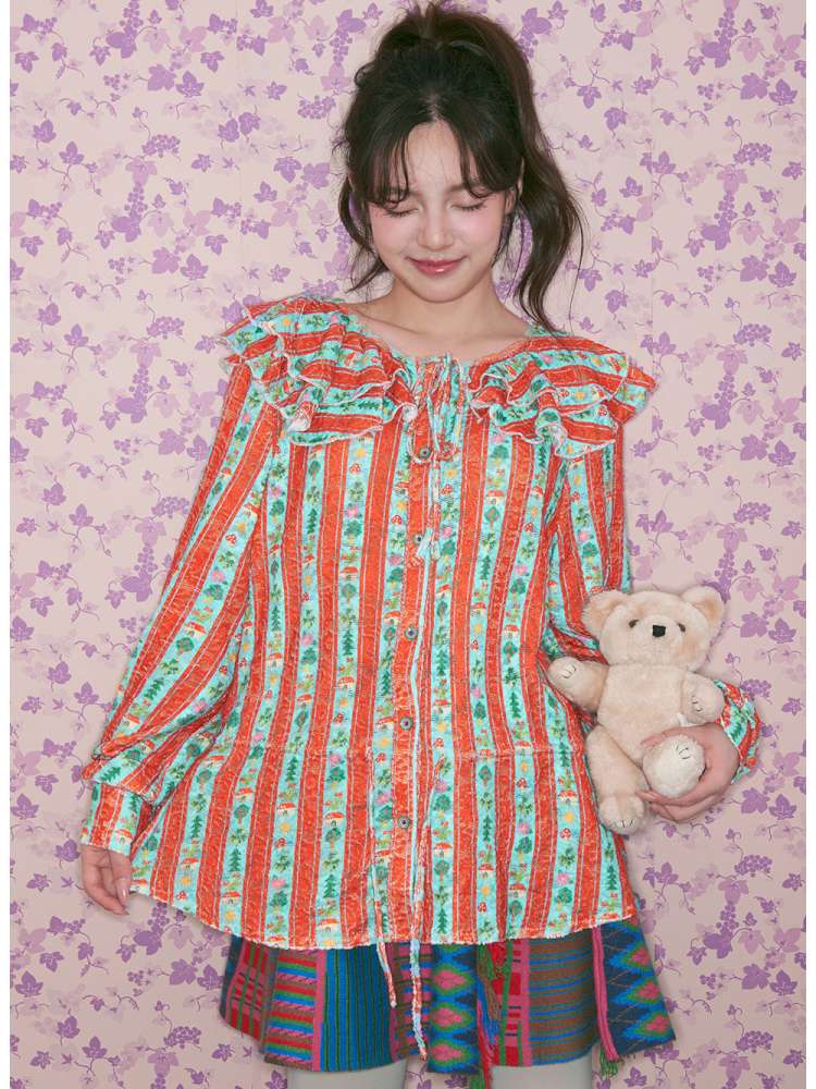 Red Green Stripe Lace Collar Shirt【s0000015368】