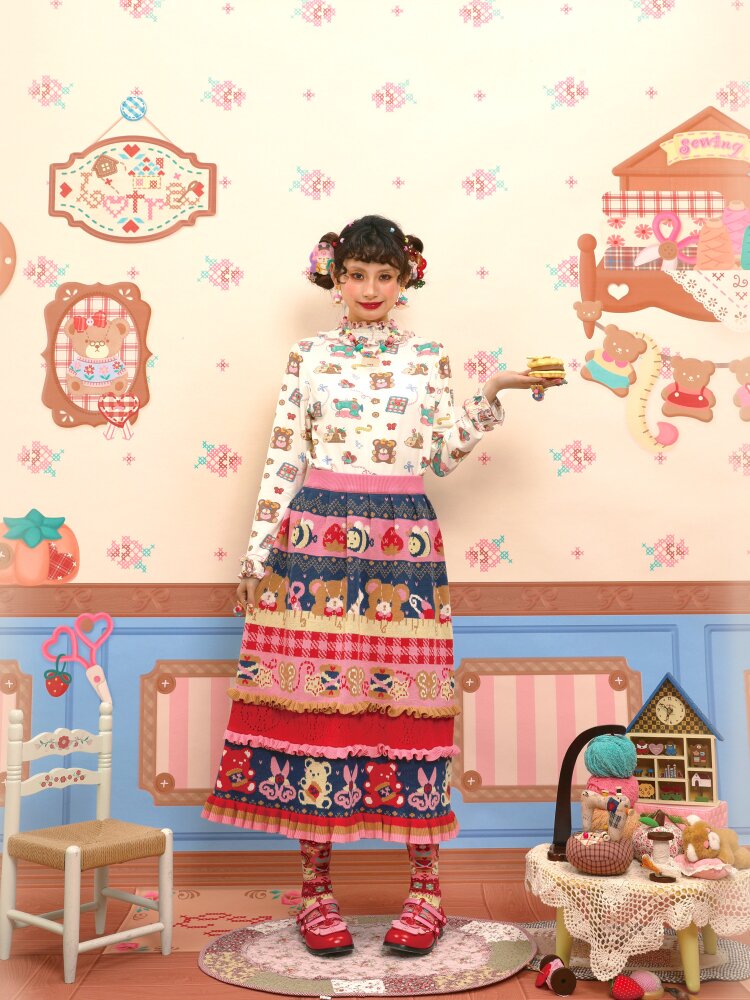 Red Navy Blue Lace Knitted Skirt【s0000015569】