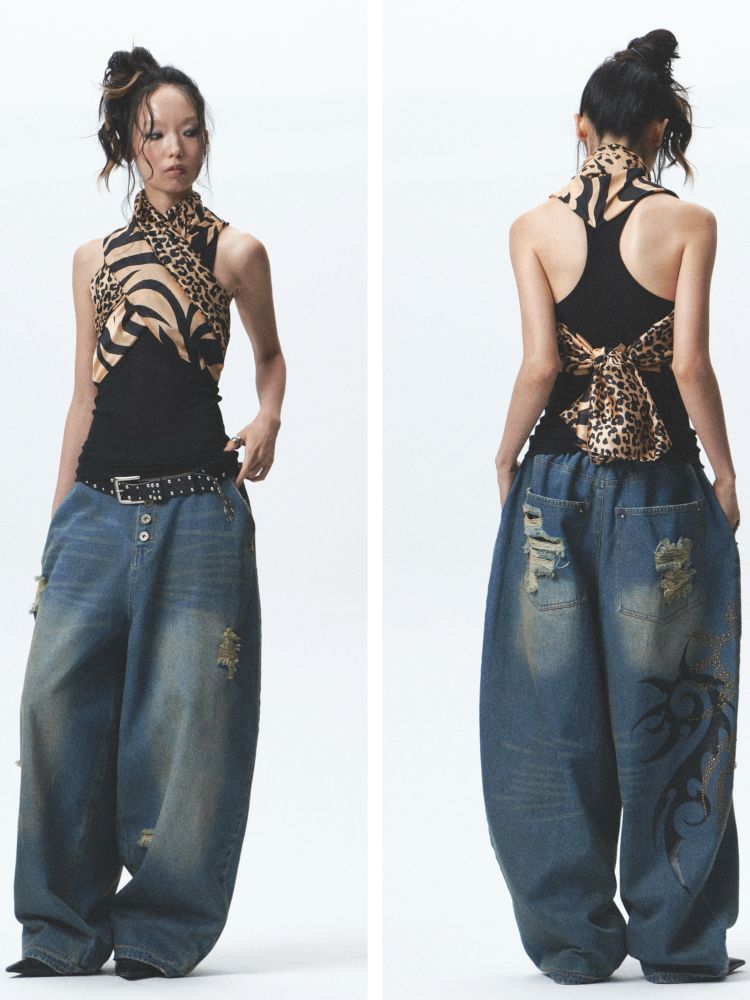 Distressed loose cuffed jeans【s0000012685】