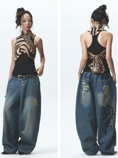 Distressed loose cuffed jeans【s0000012685】