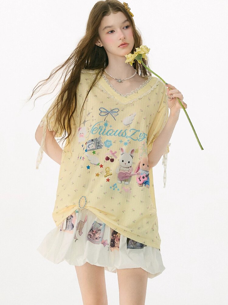 Childlike Cartoon Lace Floral T Shirt【s0000017156】