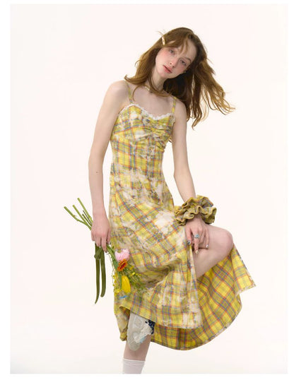 Grid Tie-Dye Split Sling Dress【s0000012258】