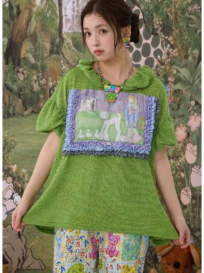 Hand Painted Print Lace Pleated Top【s0000017121】