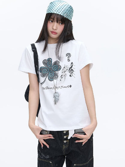 White Melody Shoulder Sleeve T-Shirt【s0000016381】