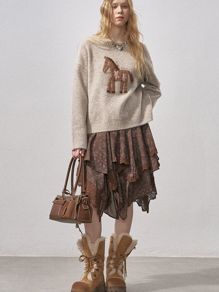 Lace Paneled Irregular Skirt【s0000015901】