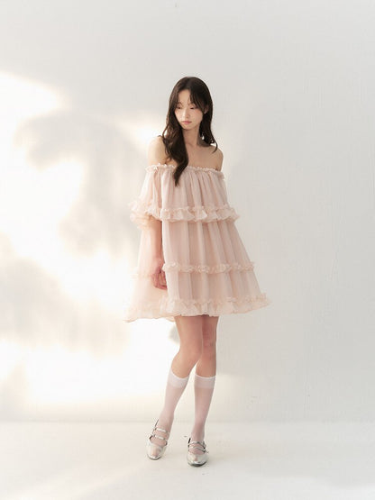 Tulle Layered Lace One Shoulder Dress【s0000016875】