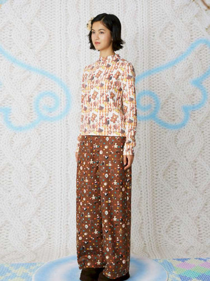 Candy Print Brown Corduroy Straight Pants【s0000014852】