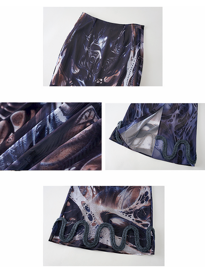 Printed Shaped Slit Mesh Half-body Dress【s0000012466】