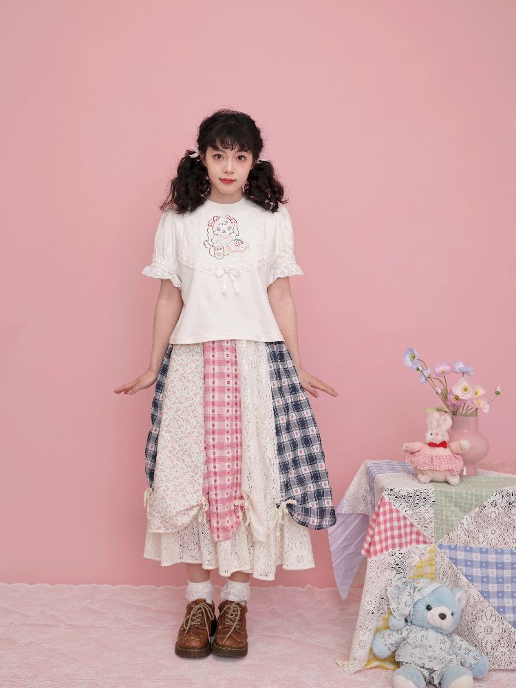 Lace Ribbon Bubble Sleeve T-Shirt【s0000012014】