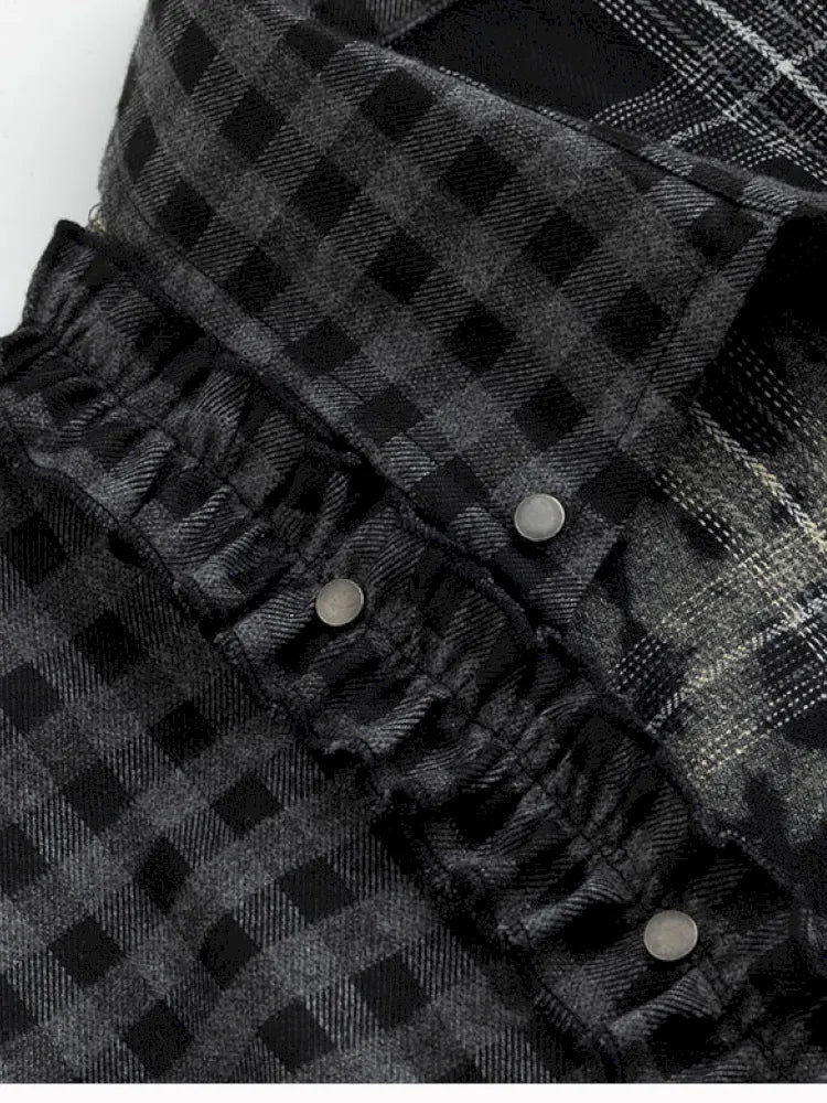 Drawstring Black-Gray Checkered Shir【s0000013959】
