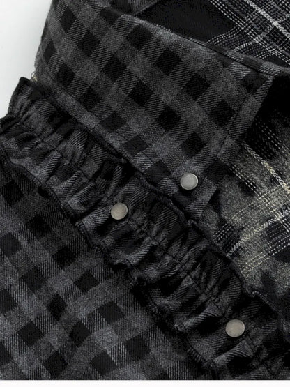 Drawstring Black-Gray Checkered Shir【s0000013959】